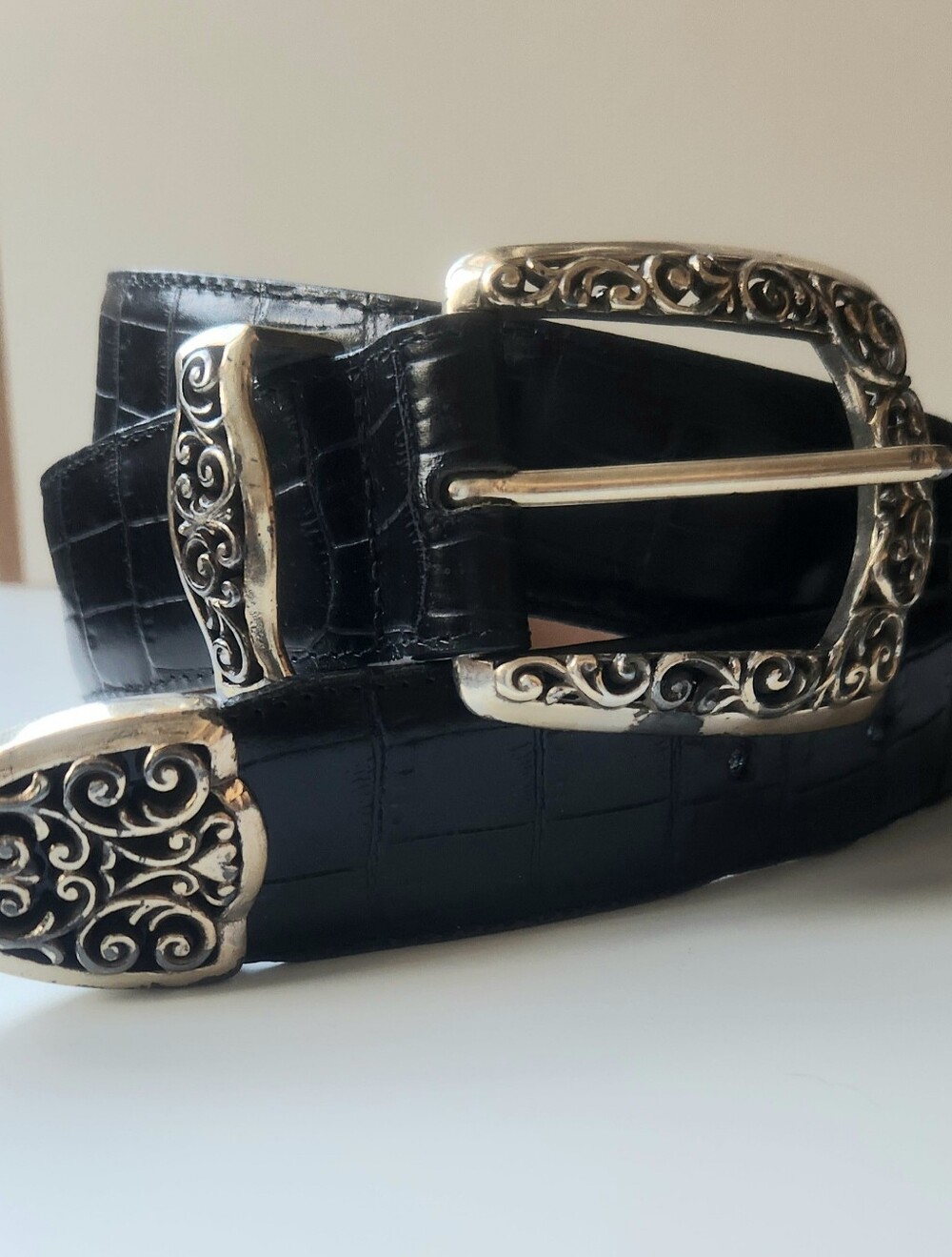 Black Croc-Embossed Leather Belt with Ornate Silver Buckle